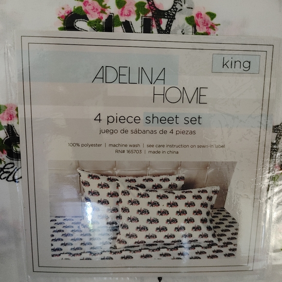 King sheet set Paris eiffel towerr floral pink rose france bedding pillowcases - Picture 3 of 4